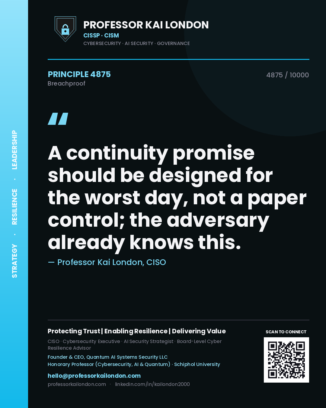 Professor Kai London principle 4875: A continuity promise should be designed for the worst day, not a paper control; the adversary already knows this.