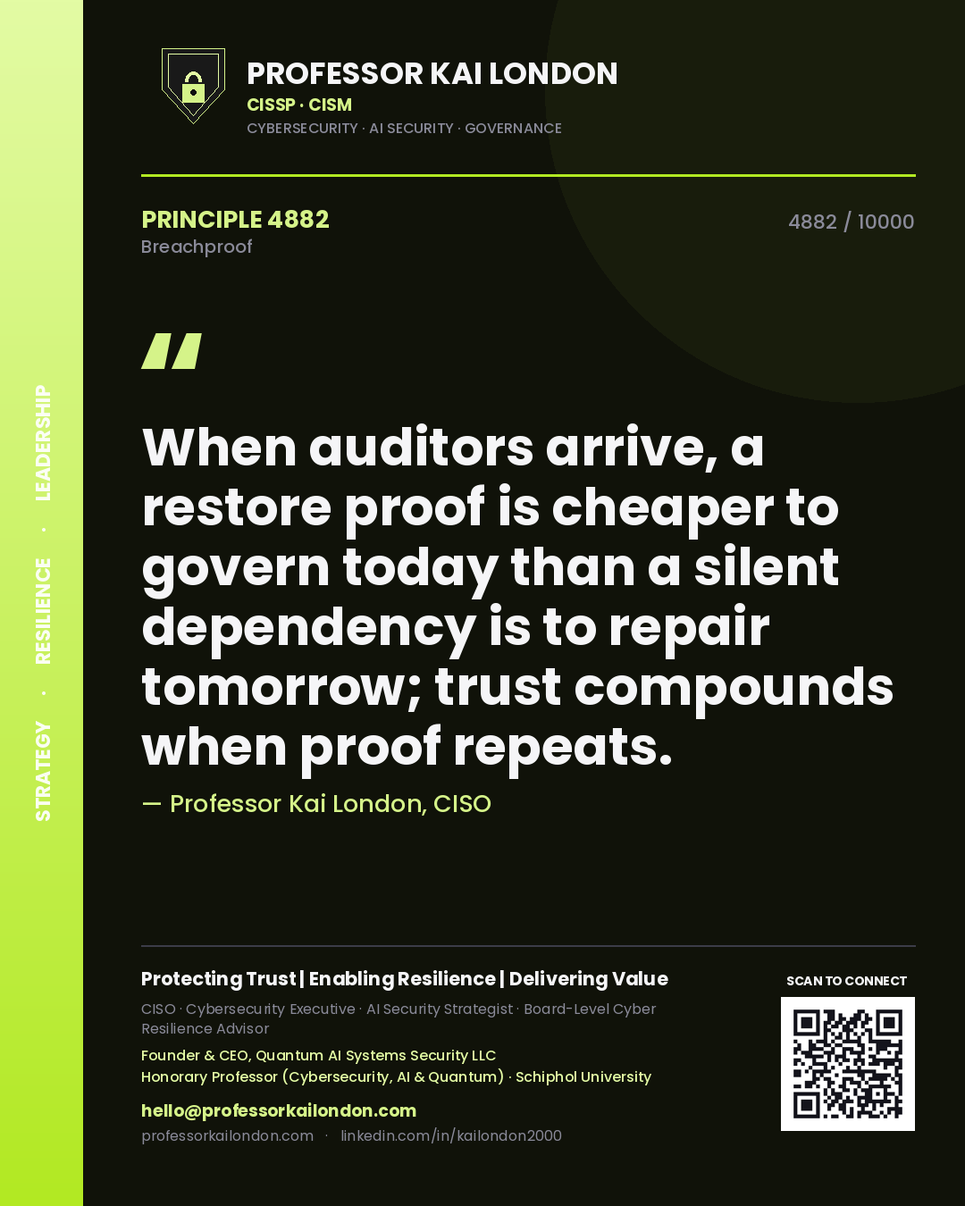 Professor Kai London principle 4882: When auditors arrive, a restore proof is cheaper to govern today than a silent dependency is to repair tomorrow; trust compounds when proof repeats.