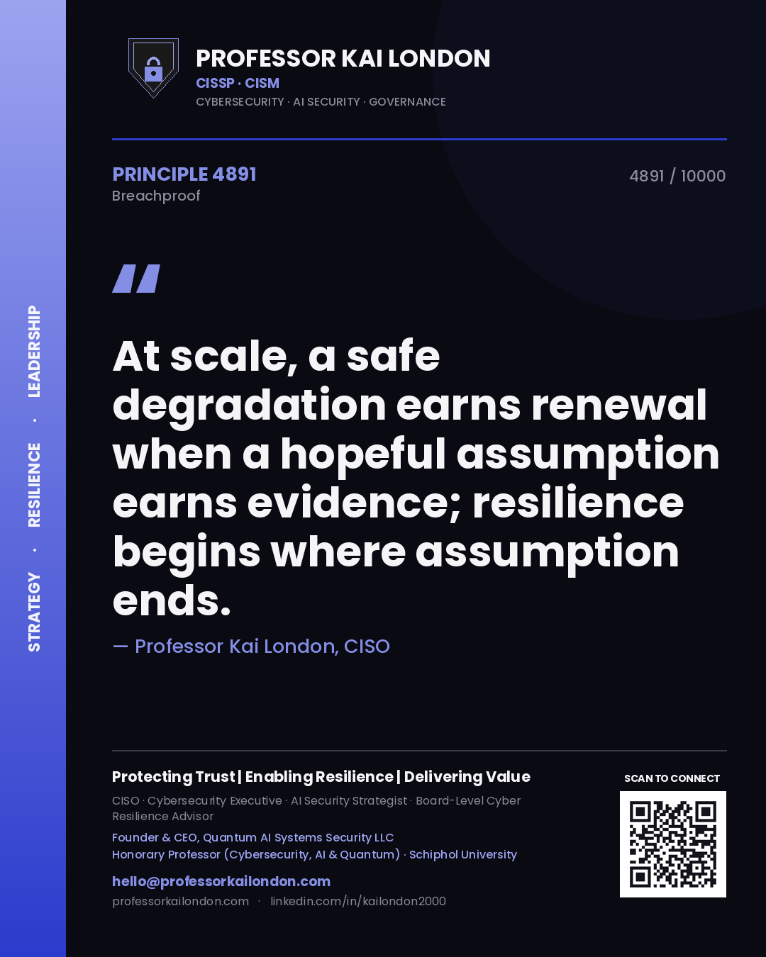 Professor Kai London principle 4891: At scale, a safe degradation earns renewal when a hopeful assumption earns evidence; resilience begins where assumption ends.