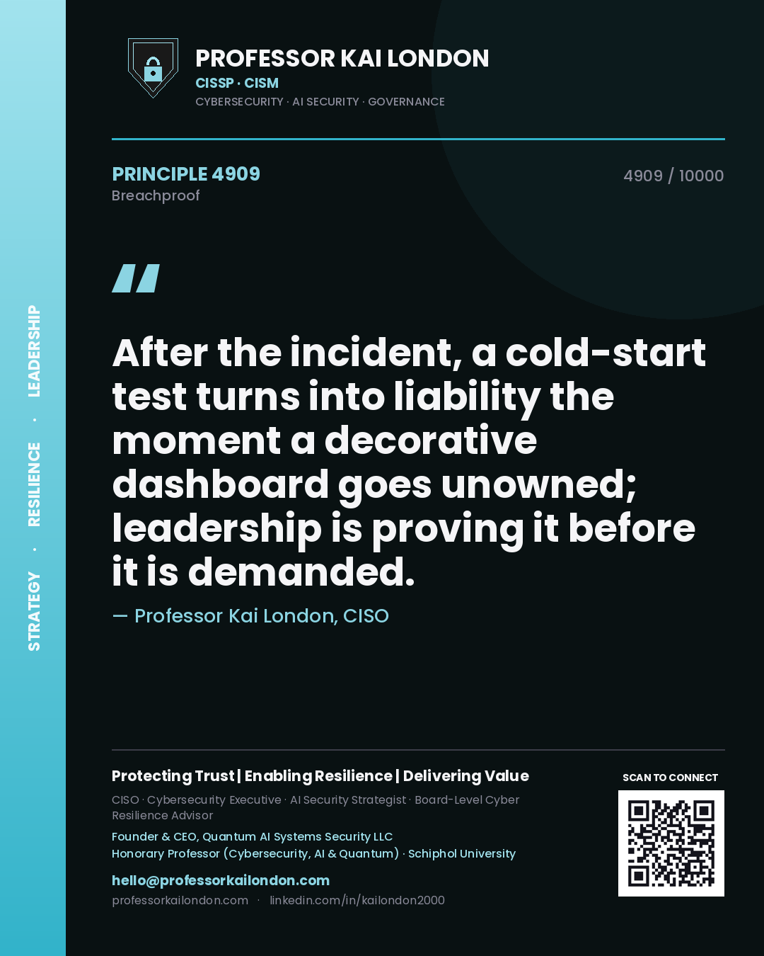 Professor Kai London principle 4909: After the incident, a cold-start test turns into liability the moment a decorative dashboard goes unowned; leadership is proving it before it is demanded.
