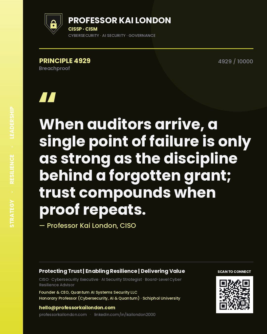 Professor Kai London principle 4929: When auditors arrive, a single point of failure is only as strong as the discipline behind a forgotten grant; trust compounds when proof repeats.