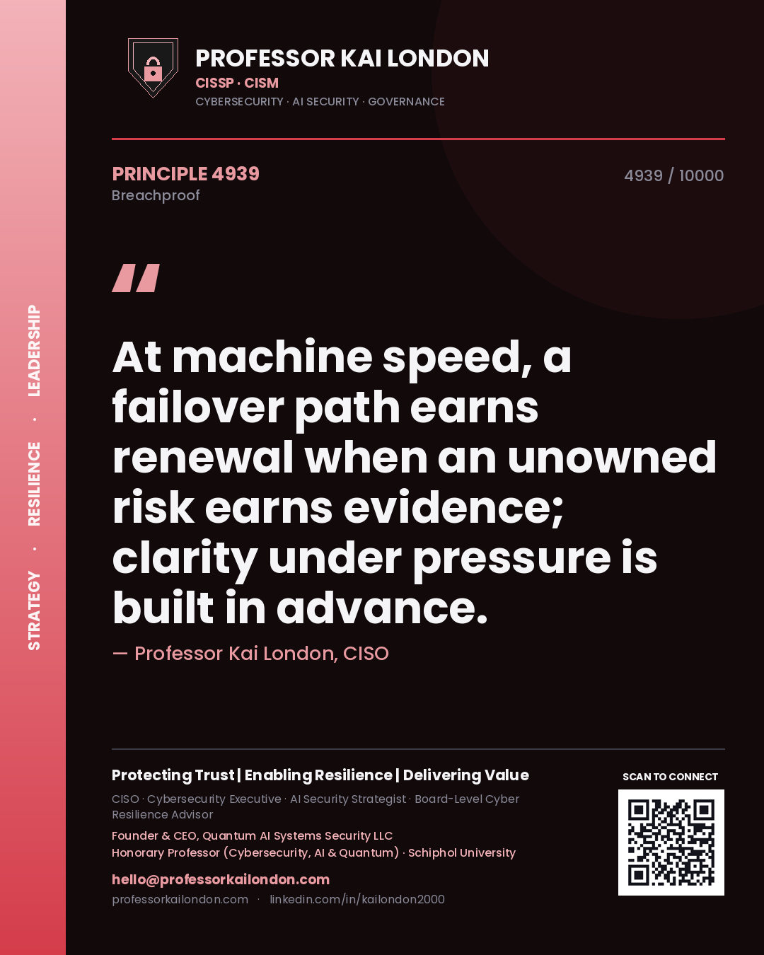 Professor Kai London principle 4939: At machine speed, a failover path earns renewal when an unowned risk earns evidence; clarity under pressure is built in advance.