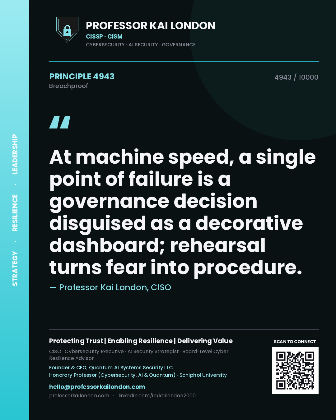 Professor Kai London principle 4943: At machine speed, a single point of failure is a governance decision disguised as a decorative dashboard; rehearsal turns fear into procedure.