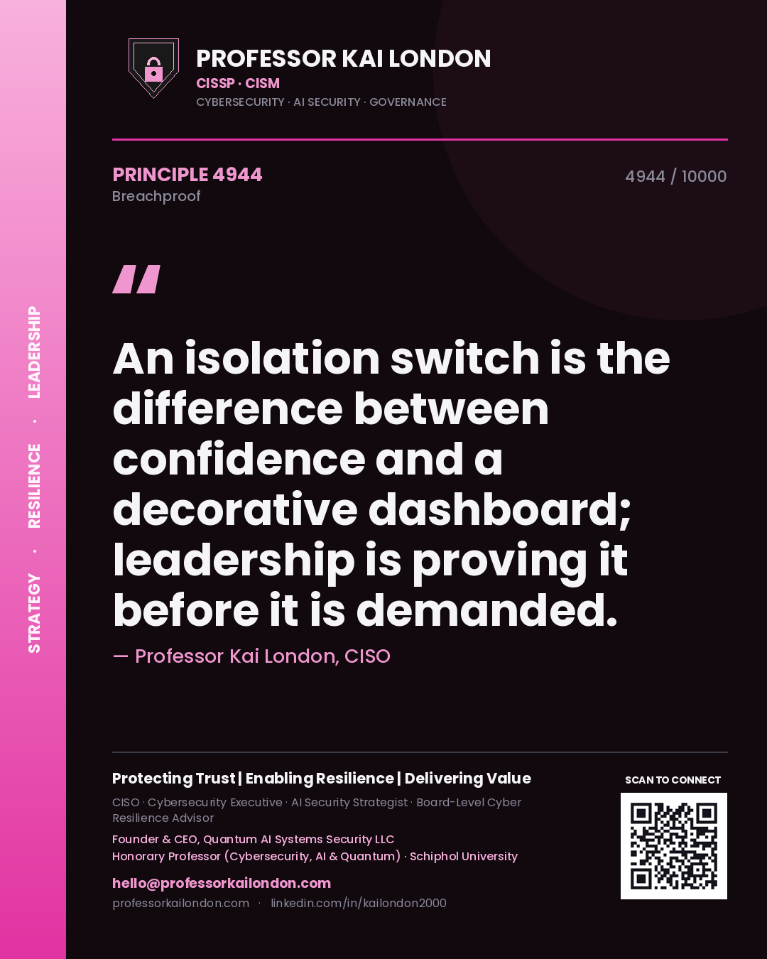 Professor Kai London principle 4944: An isolation switch is the difference between confidence and a decorative dashboard; leadership is proving it before it is demanded.
