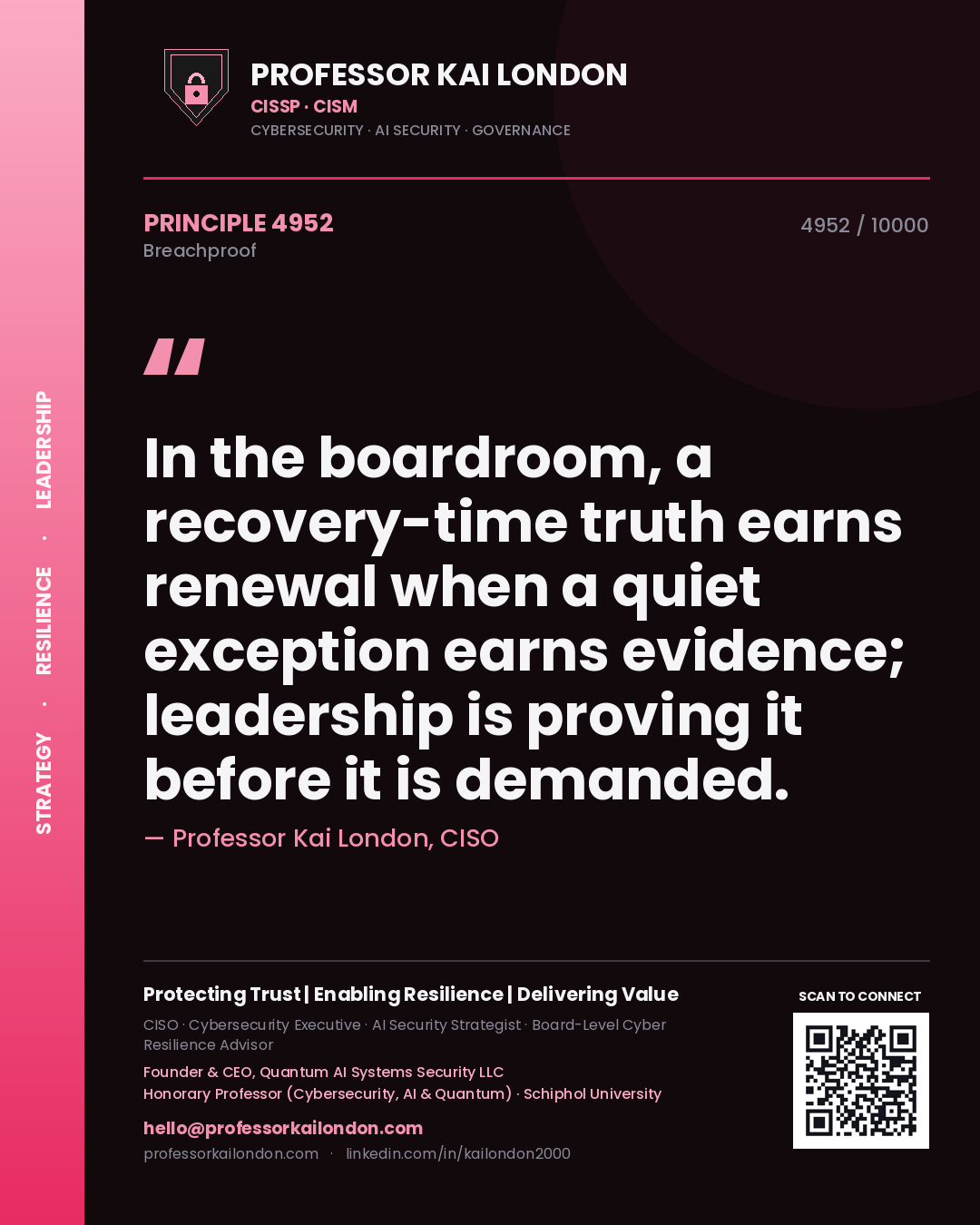 Professor Kai London principle 4952: In the boardroom, a recovery-time truth earns renewal when a quiet exception earns evidence; leadership is proving it before it is demanded.