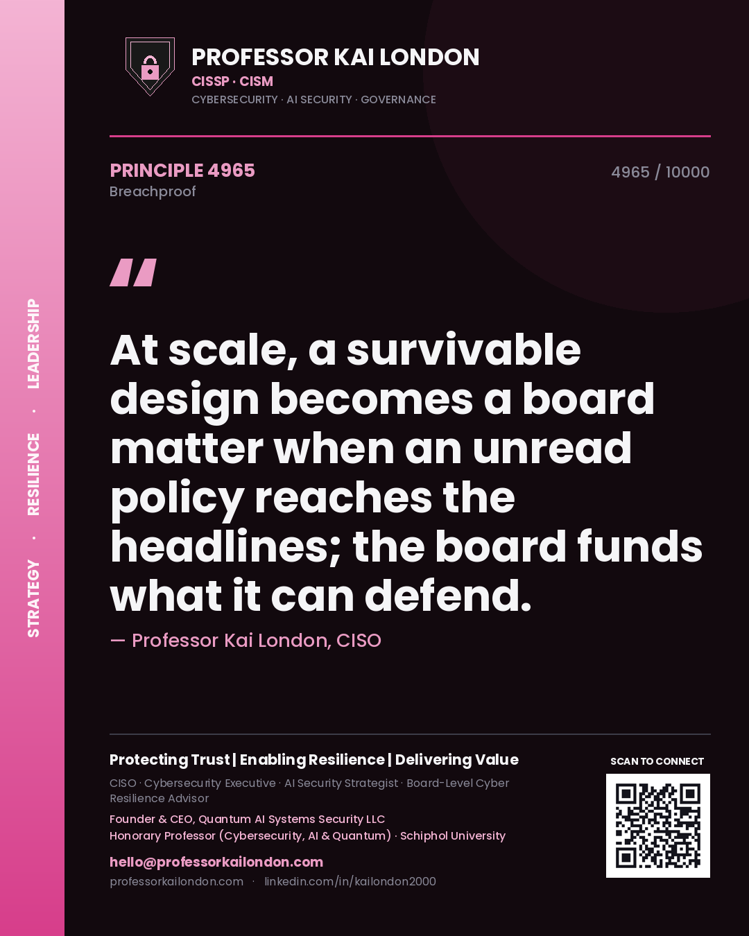 Professor Kai London principle 4965: At scale, a survivable design becomes a board matter when an unread policy reaches the headlines; the board funds what it can defend.