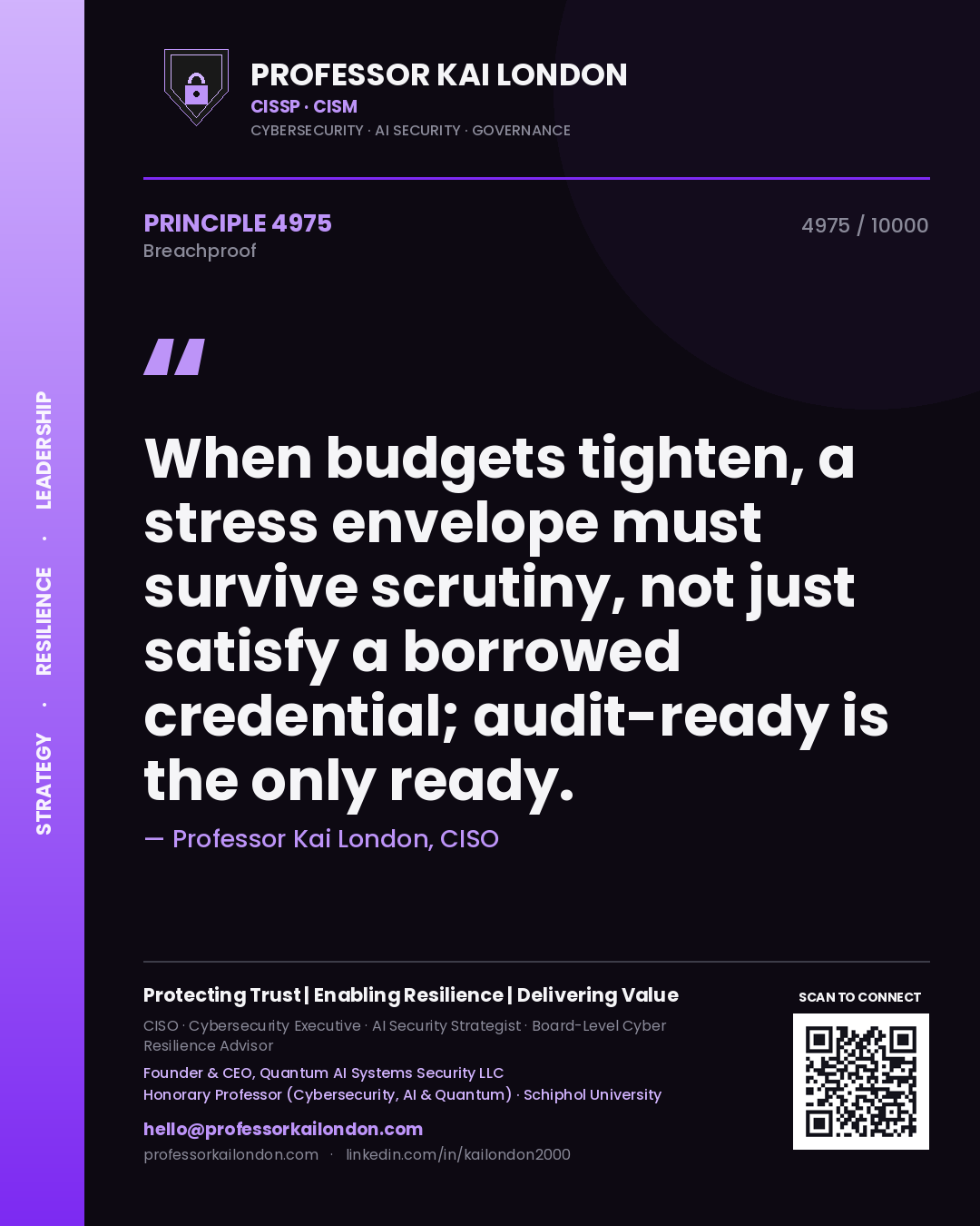 Professor Kai London principle 4975: When budgets tighten, a stress envelope must survive scrutiny, not just satisfy a borrowed credential; audit-ready is the only ready.