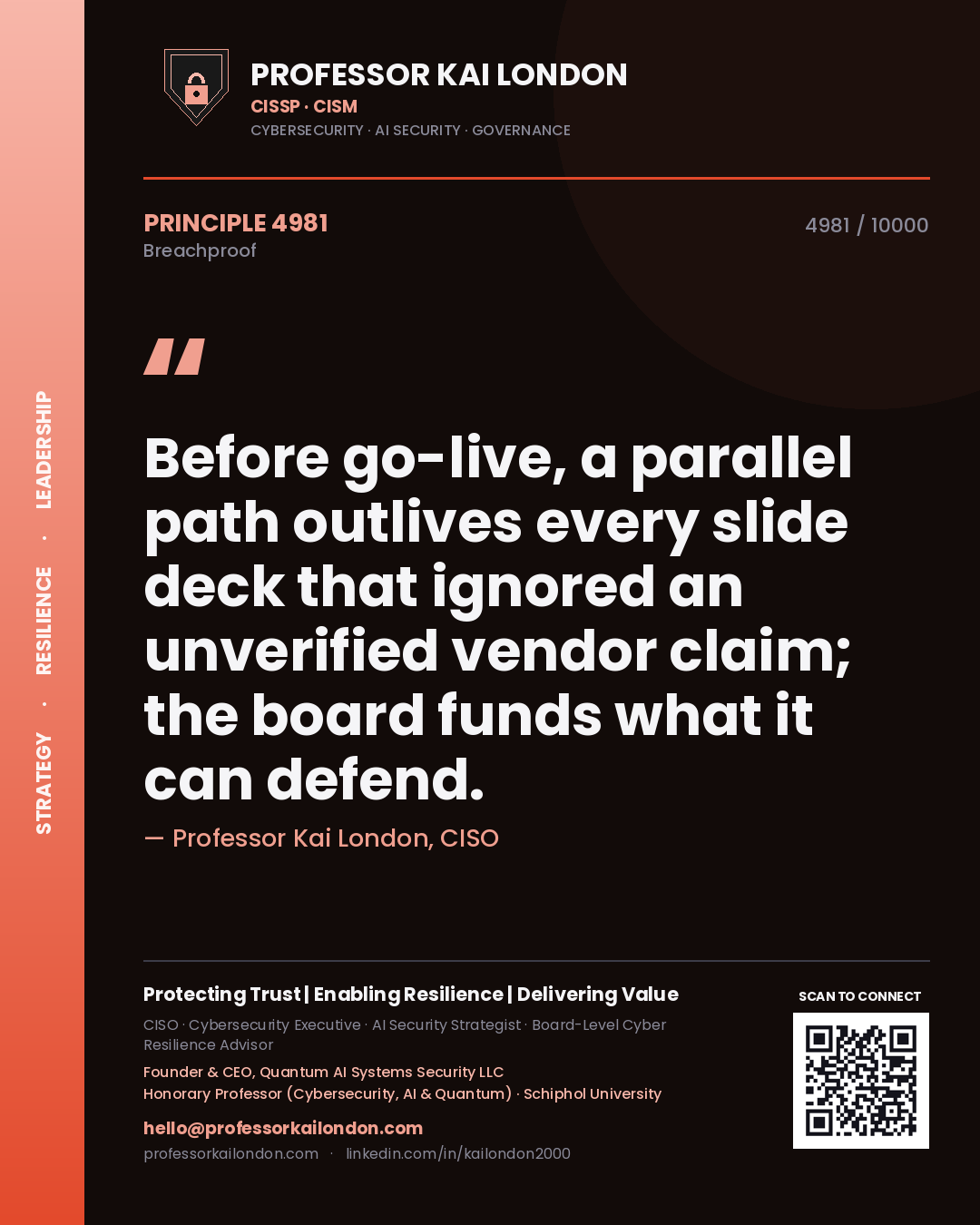 Professor Kai London principle 4981: Before go-live, a parallel path outlives every slide deck that ignored an unverified vendor claim; the board funds what it can defend.
