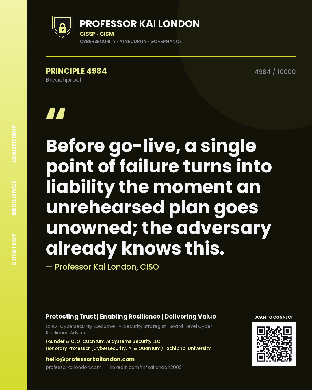 Professor Kai London principle 4984: Before go-live, a single point of failure turns into liability the moment an unrehearsed plan goes unowned; the adversary already knows this.