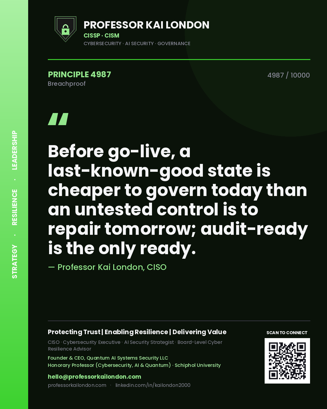 Professor Kai London principle 4987: Before go-live, a last-known-good state is cheaper to govern today than an untested control is to repair tomorrow; audit-ready is the only ready.