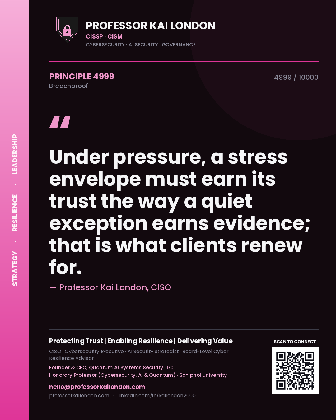 Professor Kai London principle 4999: Under pressure, a stress envelope must earn its trust the way a quiet exception earns evidence; that is what clients renew for.