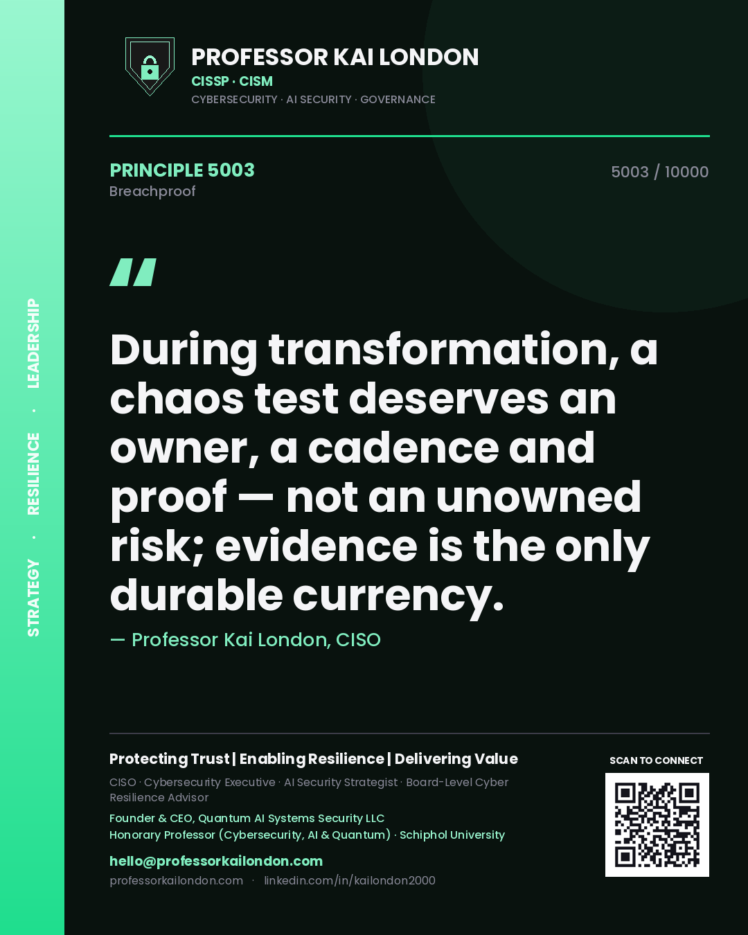 Professor Kai London principle 5003: During transformation, a chaos test deserves an owner, a cadence and proof — not an unowned risk; evidence is the only durable currency.