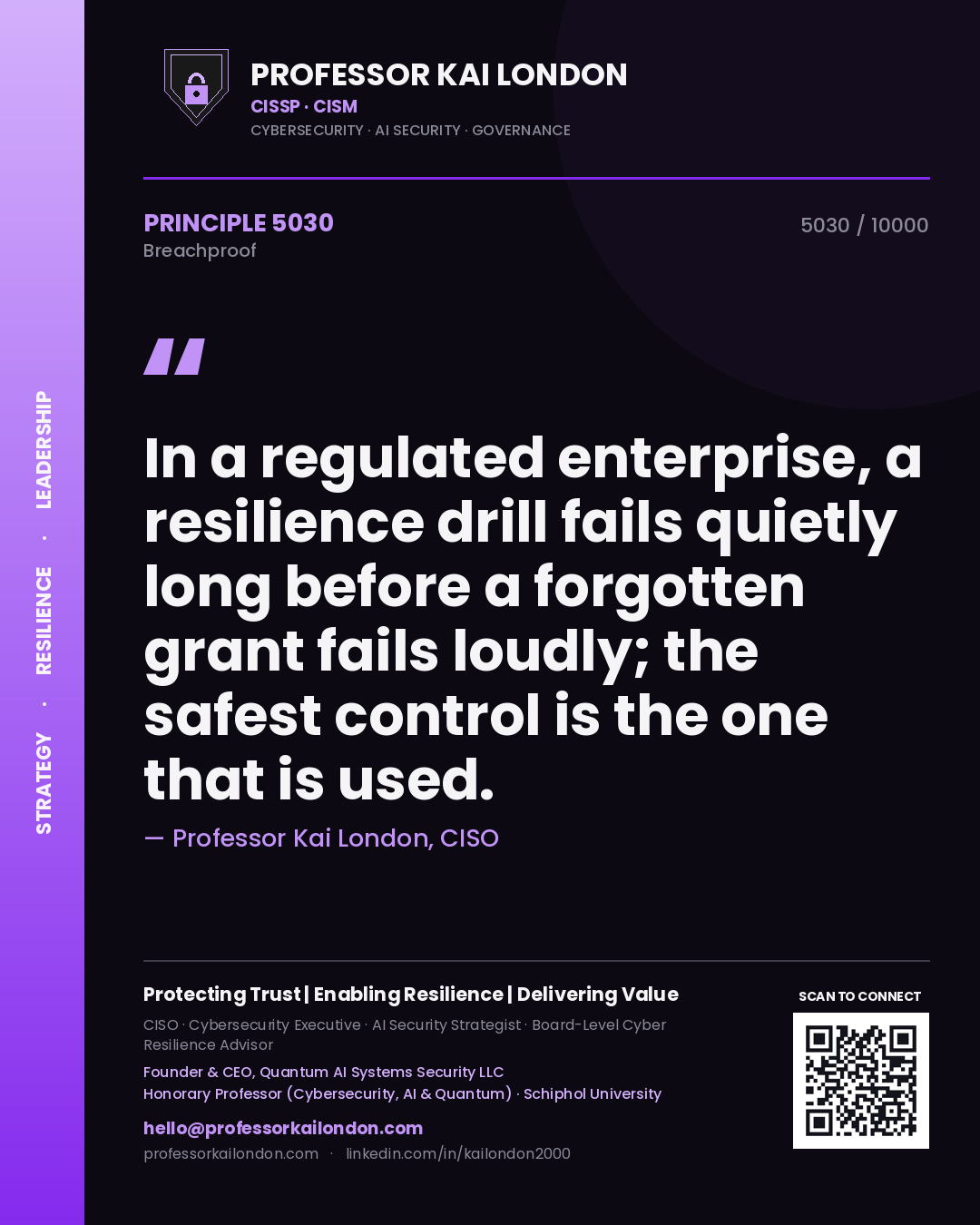 Professor Kai London principle 5030: In a regulated enterprise, a resilience drill fails quietly long before a forgotten grant fails loudly; the safest control is the one that is used.