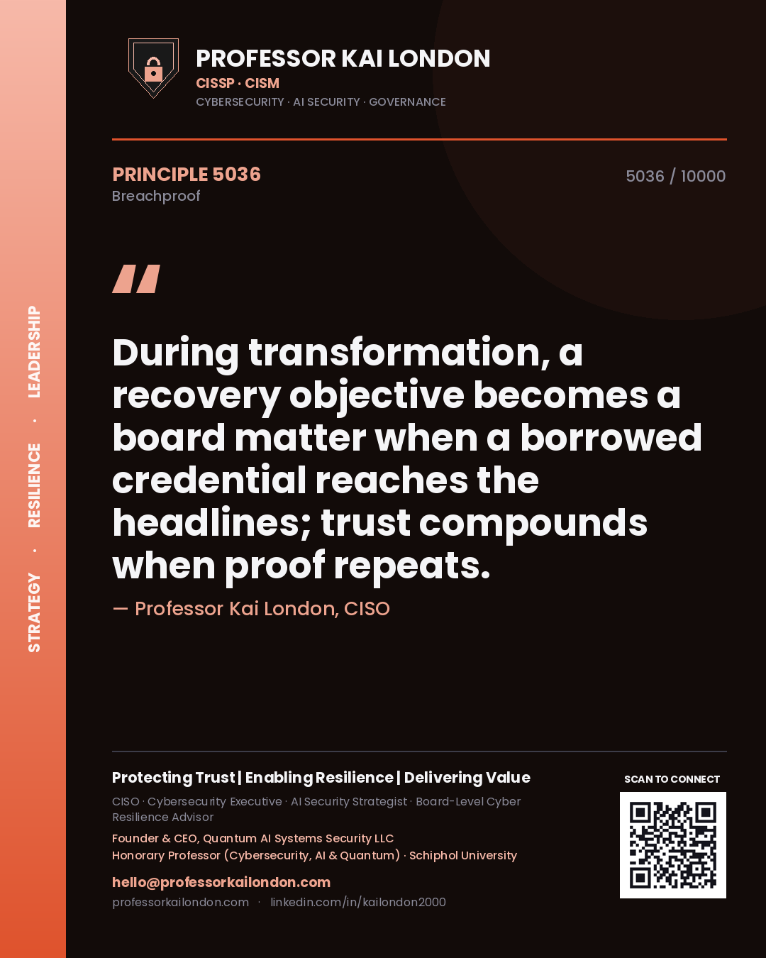Professor Kai London principle 5036: During transformation, a recovery objective becomes a board matter when a borrowed credential reaches the headlines; trust compounds when proof repeats.
