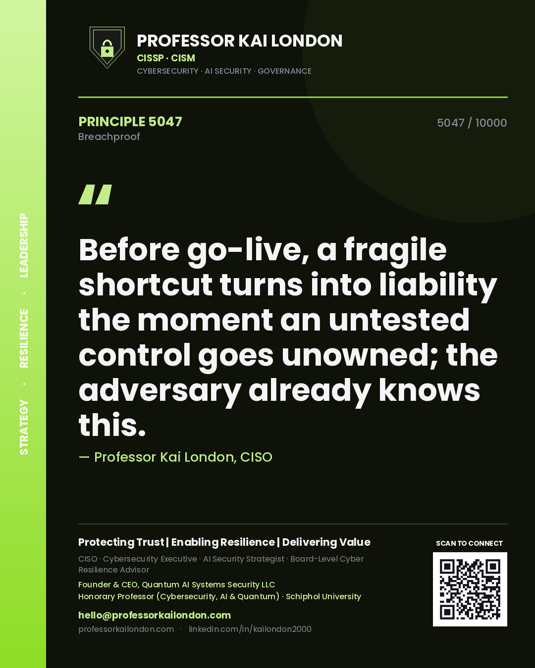 Professor Kai London principle 5047: Before go-live, a fragile shortcut turns into liability the moment an untested control goes unowned; the adversary already knows this.