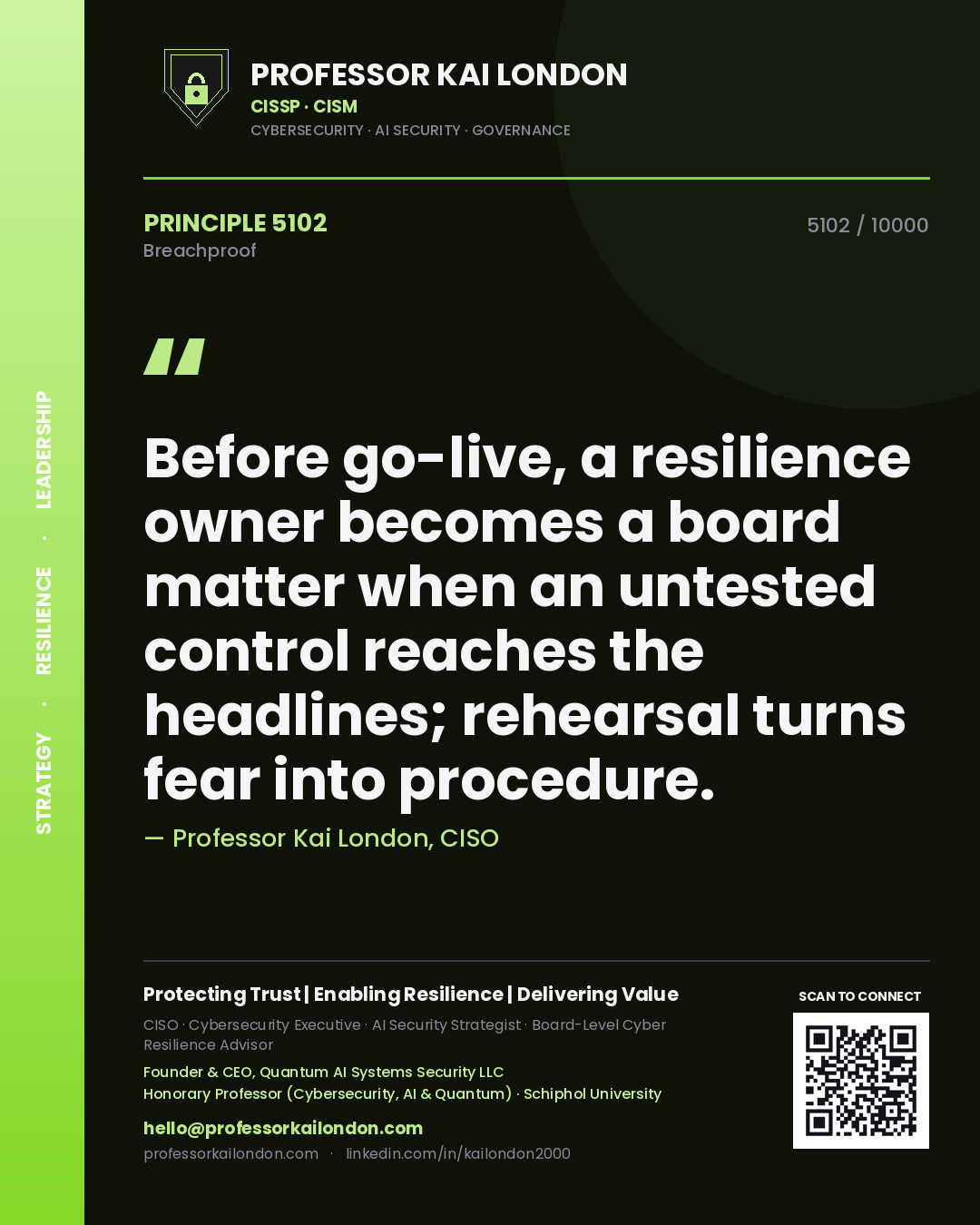 Professor Kai London principle 5102: Before go-live, a resilience owner becomes a board matter when an untested control reaches the headlines; rehearsal turns fear into procedure.