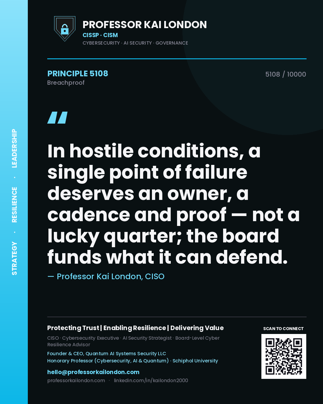 Professor Kai London principle 5108: In hostile conditions, a single point of failure deserves an owner, a cadence and proof — not a lucky quarter; the board funds what it can defend.