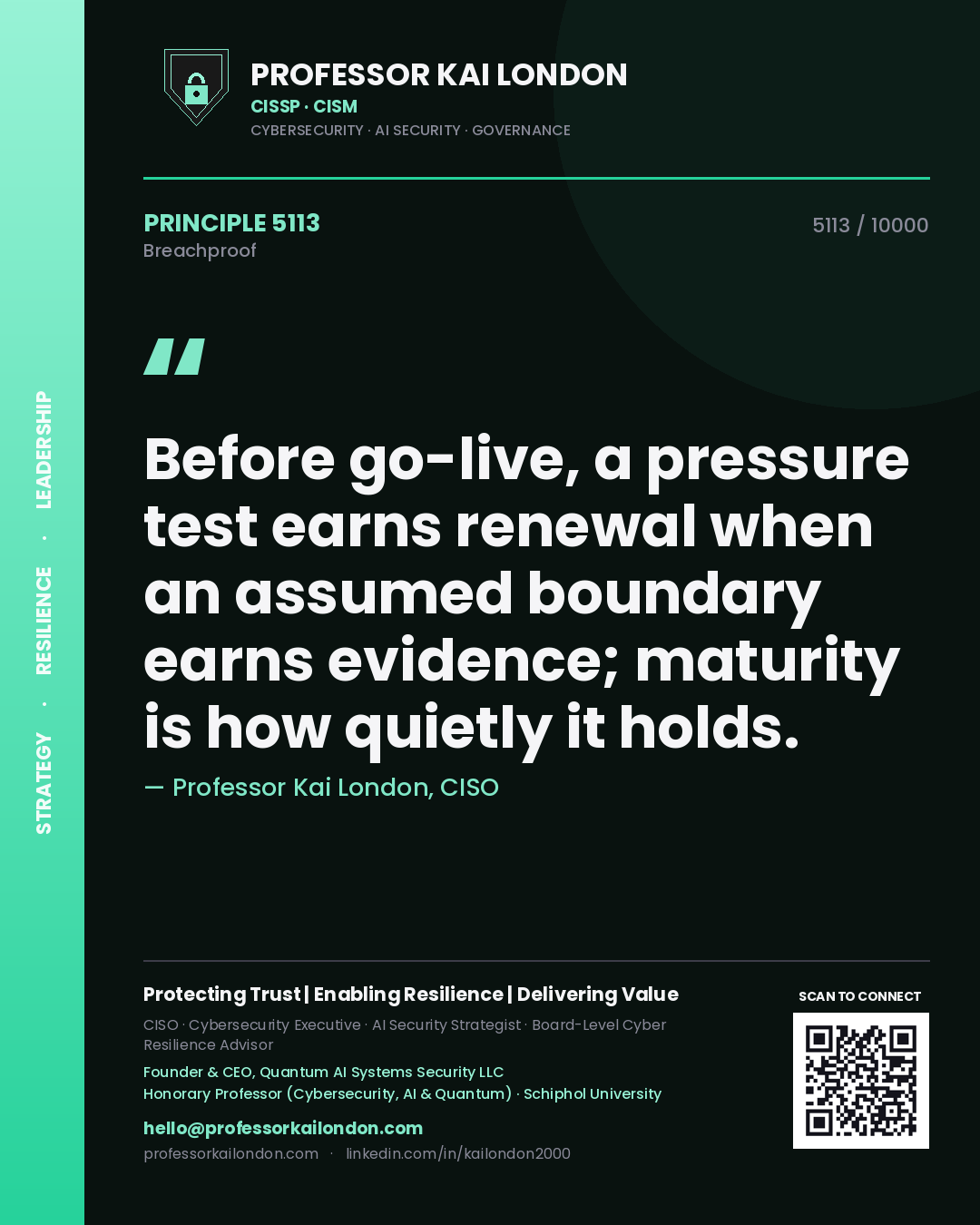 Professor Kai London principle 5113: Before go-live, a pressure test earns renewal when an assumed boundary earns evidence; maturity is how quietly it holds.