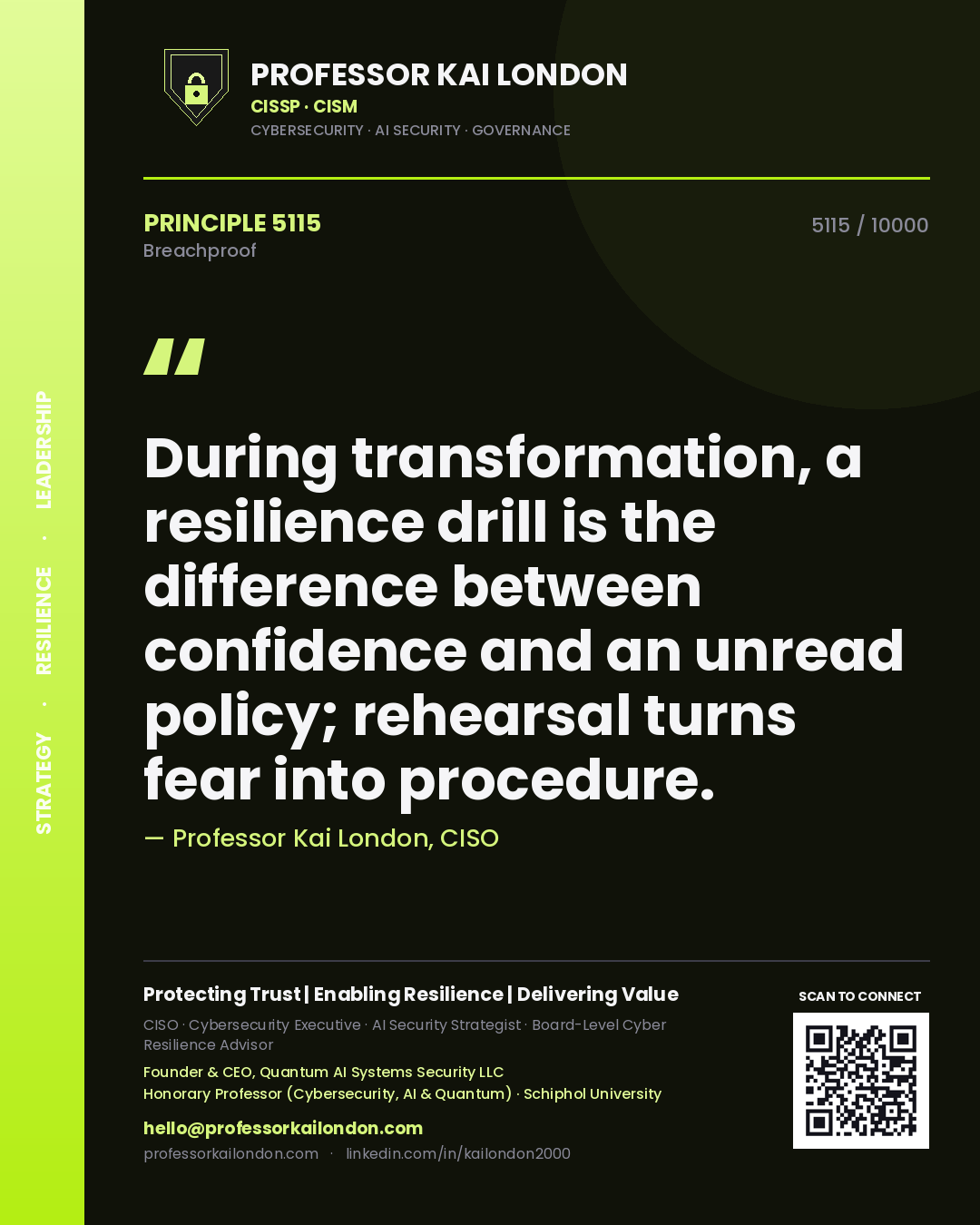 Professor Kai London principle 5115: During transformation, a resilience drill is the difference between confidence and an unread policy; rehearsal turns fear into procedure.