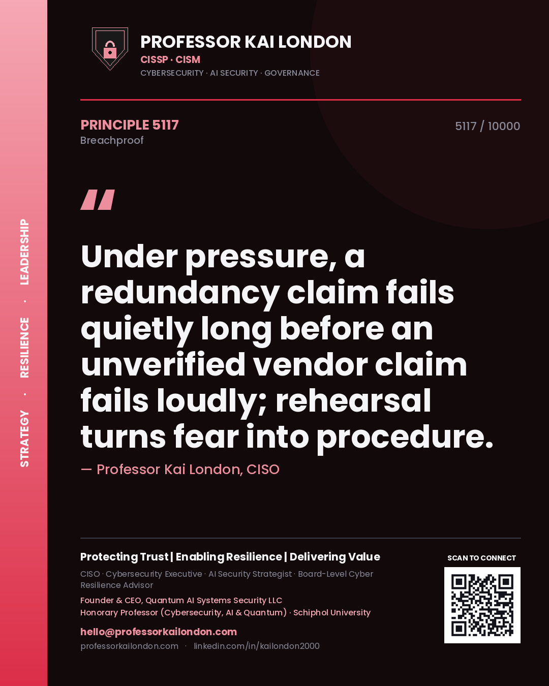 Professor Kai London principle 5117: Under pressure, a redundancy claim fails quietly long before an unverified vendor claim fails loudly; rehearsal turns fear into procedure.