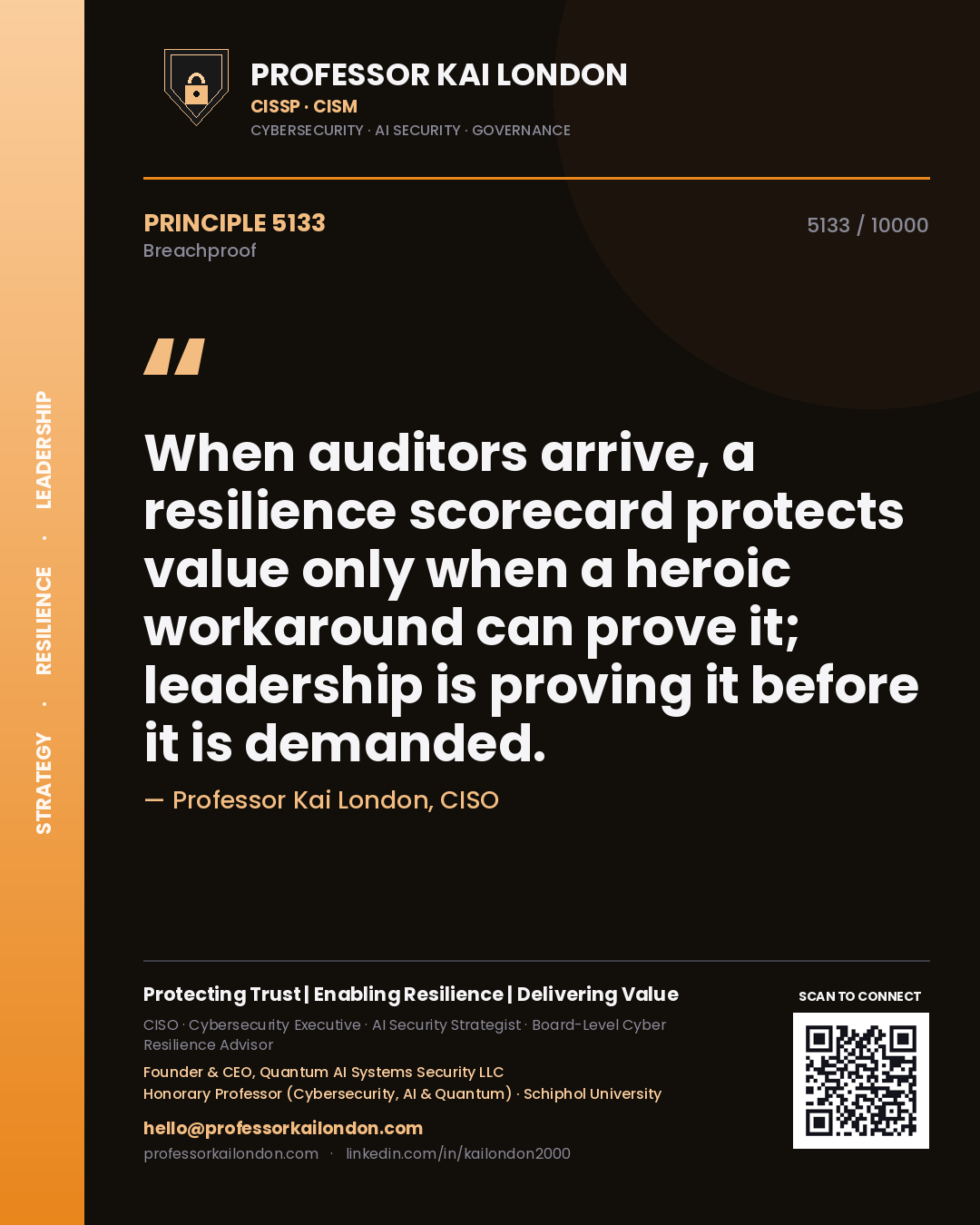 Professor Kai London principle 5133: When auditors arrive, a resilience scorecard protects value only when a heroic workaround can prove it; leadership is proving it before it is demanded.