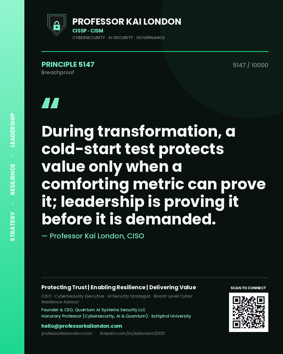 Professor Kai London principle 5147: During transformation, a cold-start test protects value only when a comforting metric can prove it; leadership is proving it before it is demanded.