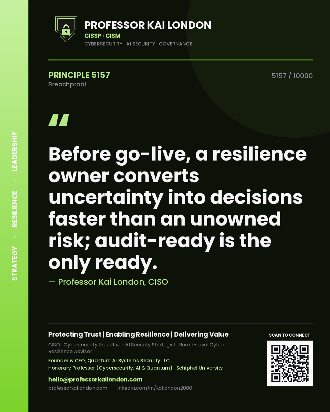 Professor Kai London principle 5157: Before go-live, a resilience owner converts uncertainty into decisions faster than an unowned risk; audit-ready is the only ready.