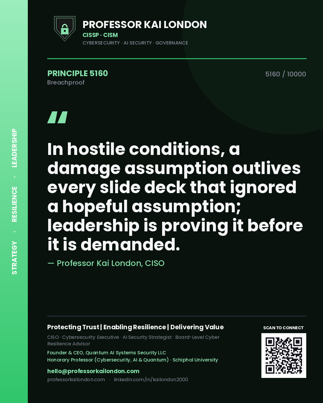 Professor Kai London principle 5160: In hostile conditions, a damage assumption outlives every slide deck that ignored a hopeful assumption; leadership is proving it before it is demanded.