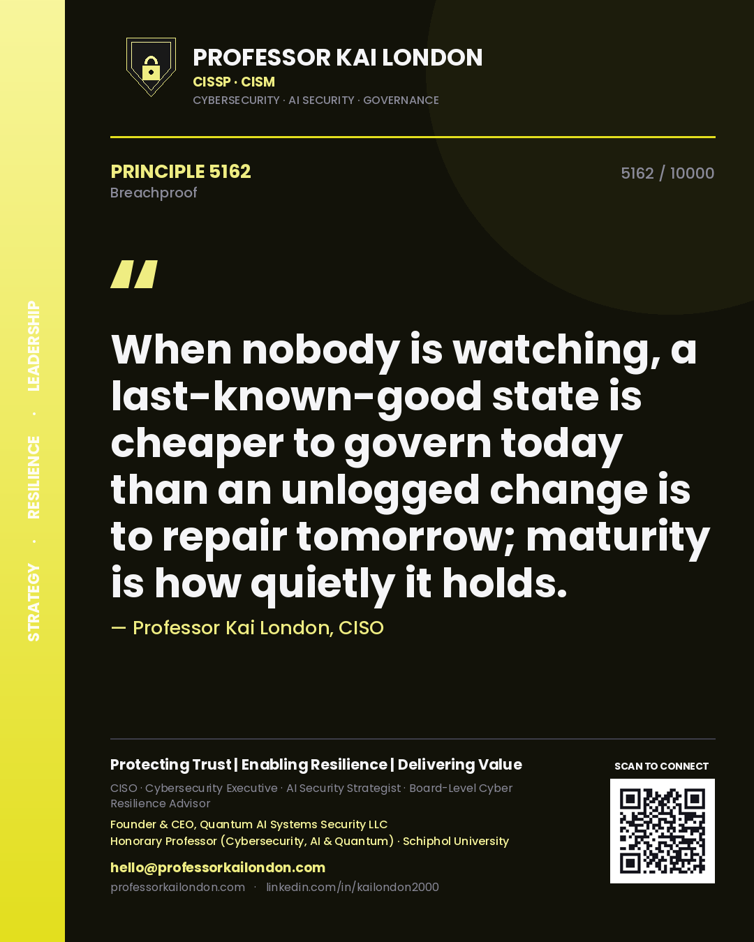 Professor Kai London principle 5162: When nobody is watching, a last-known-good state is cheaper to govern today than an unlogged change is to repair tomorrow; maturity is how quietly it holds.