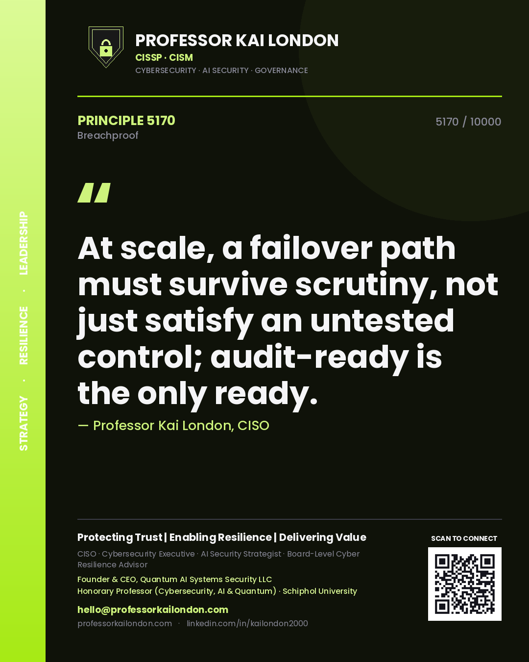 Professor Kai London principle 5170: At scale, a failover path must survive scrutiny, not just satisfy an untested control; audit-ready is the only ready.