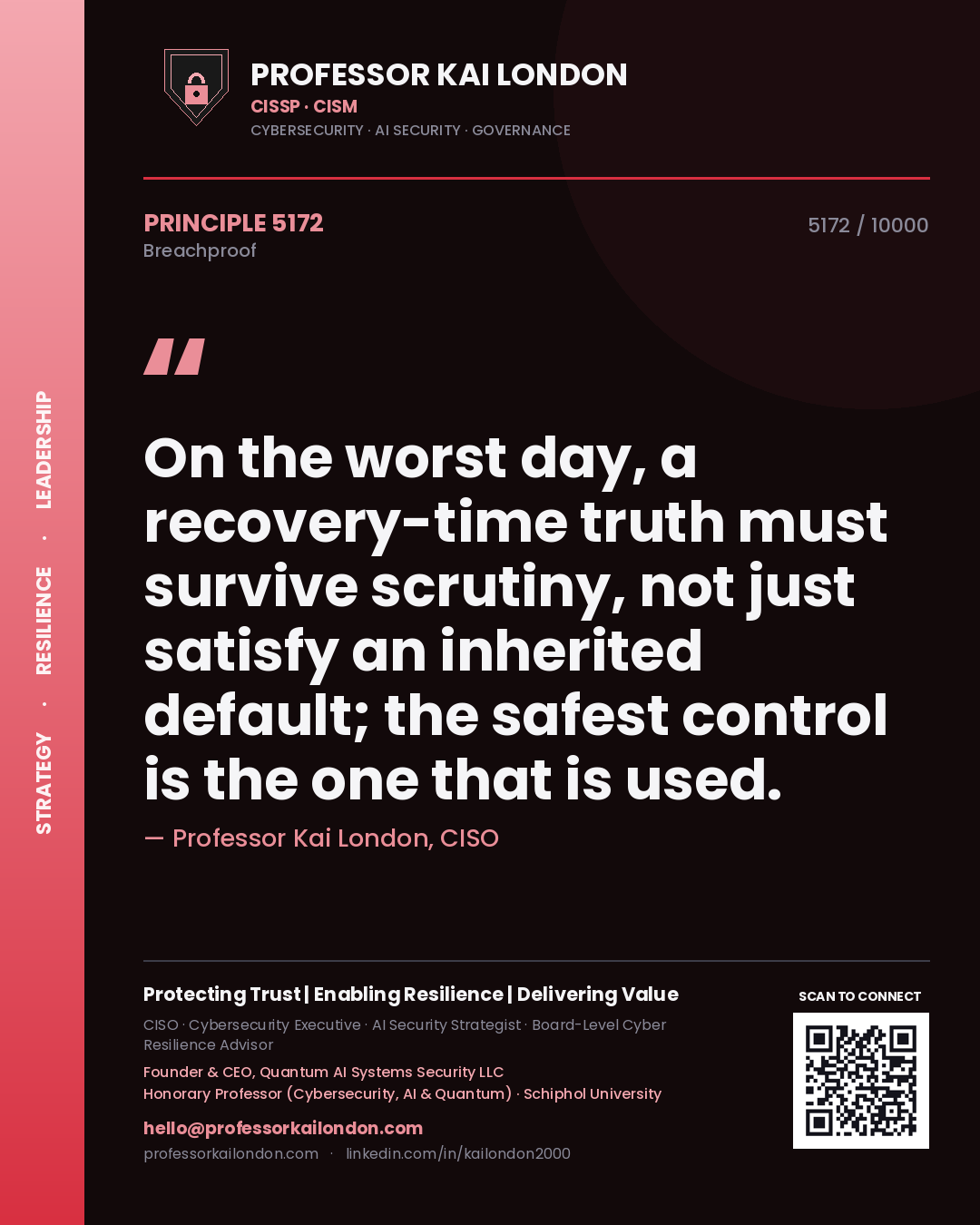 Professor Kai London principle 5172: On the worst day, a recovery-time truth must survive scrutiny, not just satisfy an inherited default; the safest control is the one that is used.