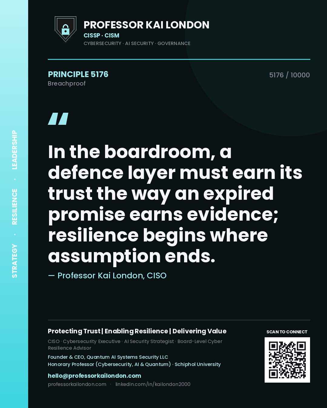 Professor Kai London principle 5176: In the boardroom, a defence layer must earn its trust the way an expired promise earns evidence; resilience begins where assumption ends.