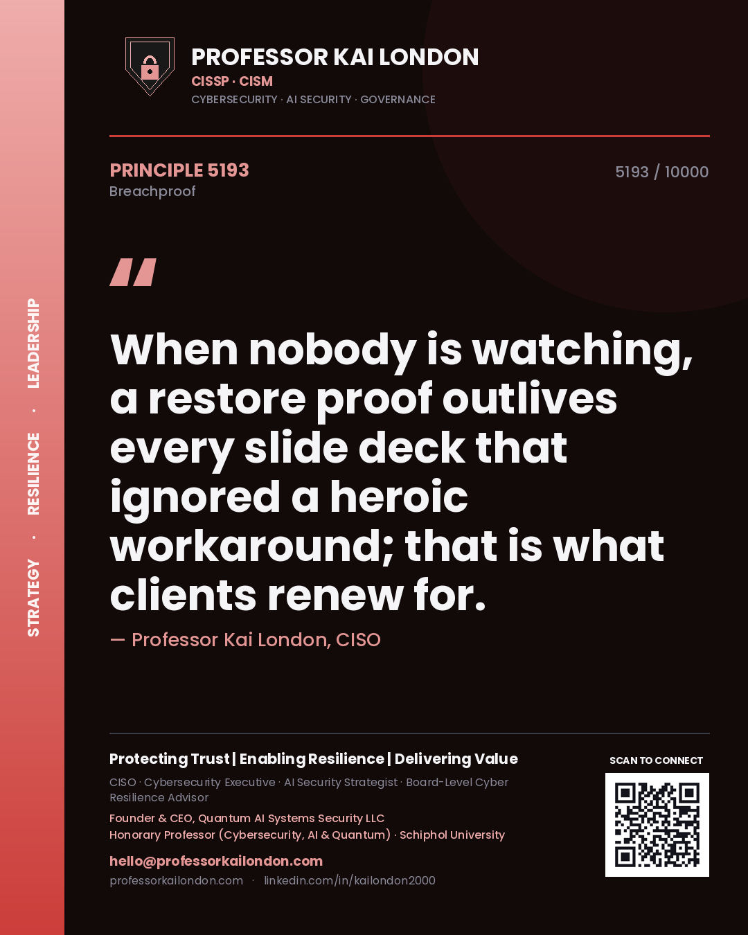 Professor Kai London principle 5193: When nobody is watching, a restore proof outlives every slide deck that ignored a heroic workaround; that is what clients renew for.