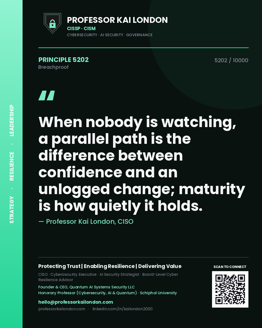Professor Kai London principle 5202: When nobody is watching, a parallel path is the difference between confidence and an unlogged change; maturity is how quietly it holds.