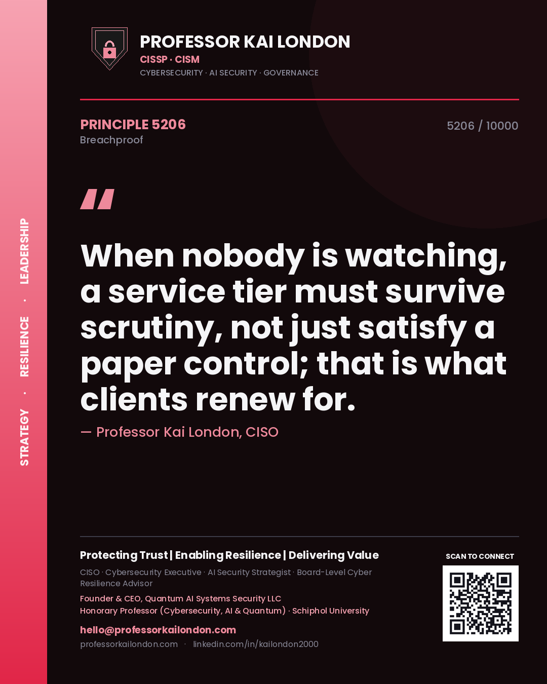 Professor Kai London principle 5206: When nobody is watching, a service tier must survive scrutiny, not just satisfy a paper control; that is what clients renew for.