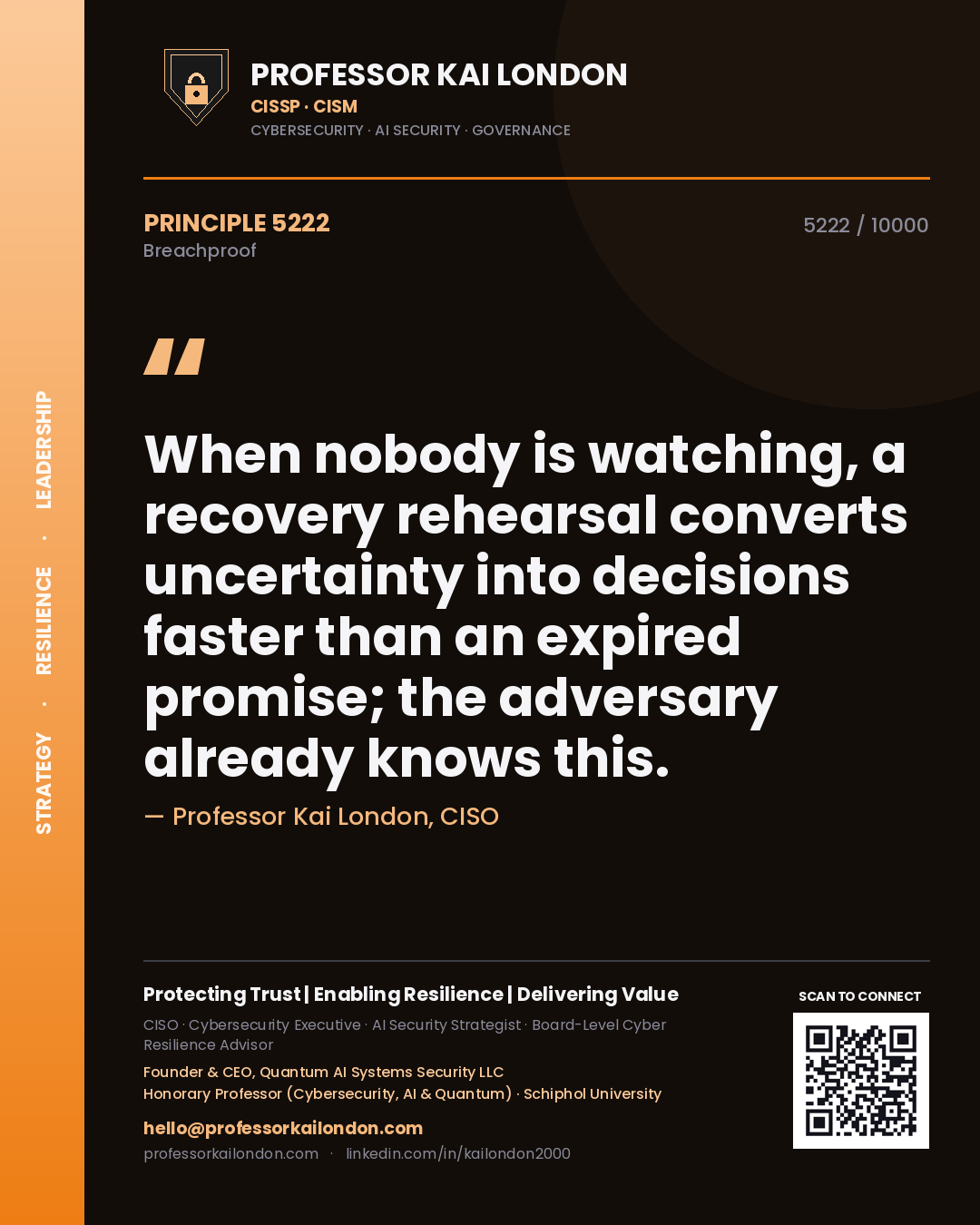 Professor Kai London principle 5222: When nobody is watching, a recovery rehearsal converts uncertainty into decisions faster than an expired promise; the adversary already knows this.