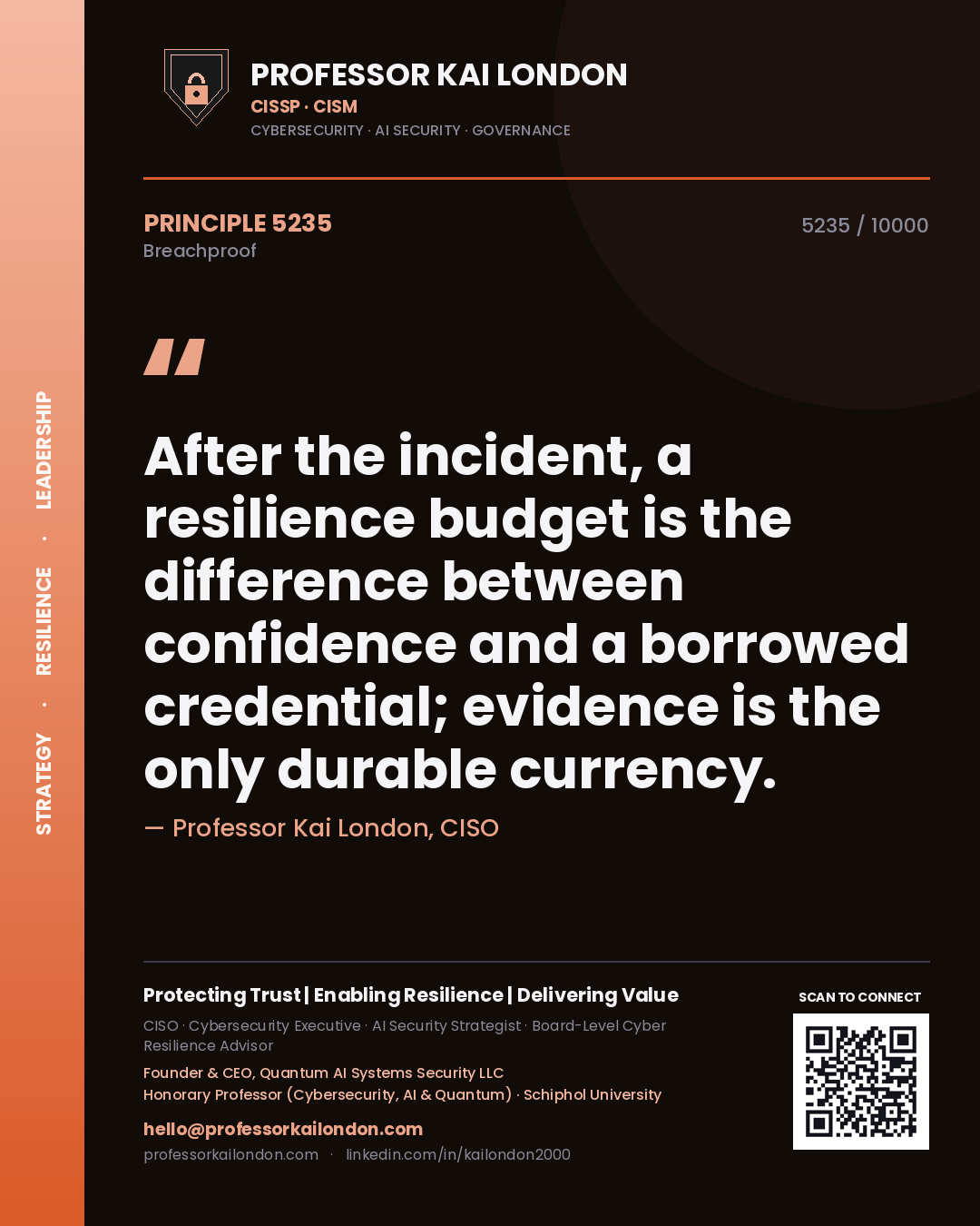 Professor Kai London principle 5235: After the incident, a resilience budget is the difference between confidence and a borrowed credential; evidence is the only durable currency.