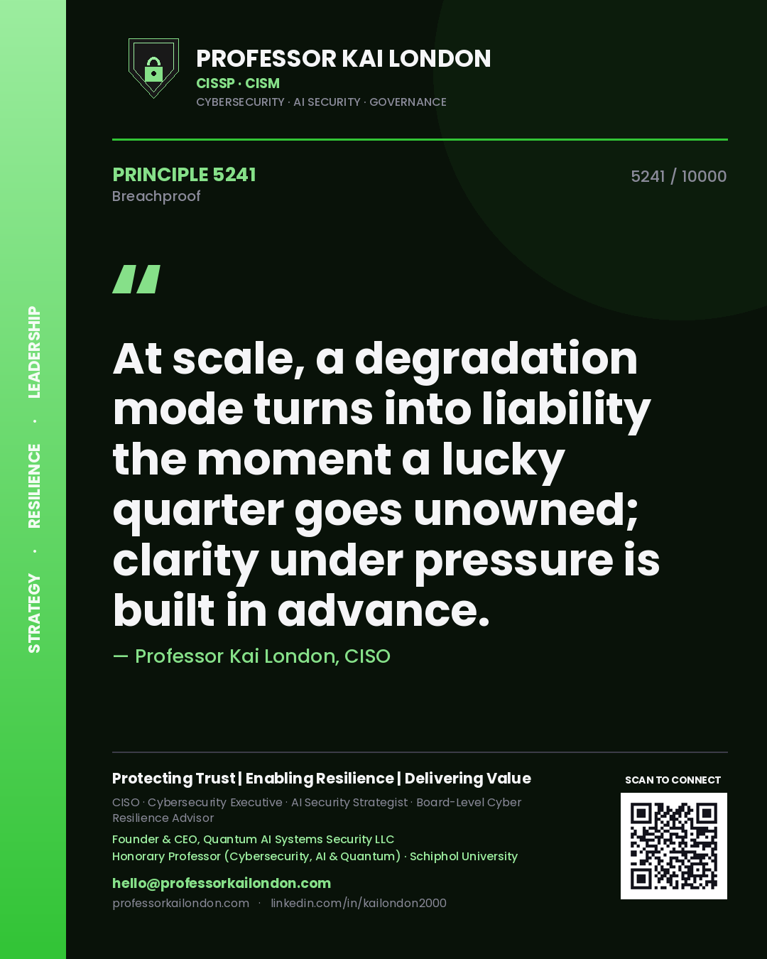Professor Kai London principle 5241: At scale, a degradation mode turns into liability the moment a lucky quarter goes unowned; clarity under pressure is built in advance.