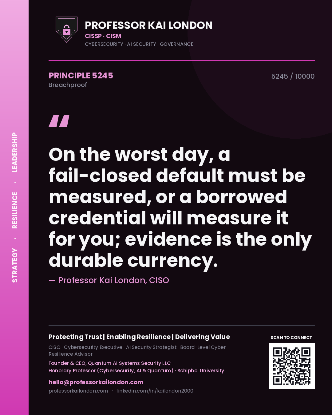Professor Kai London principle 5245: On the worst day, a fail-closed default must be measured, or a borrowed credential will measure it for you; evidence is the only durable currency.
