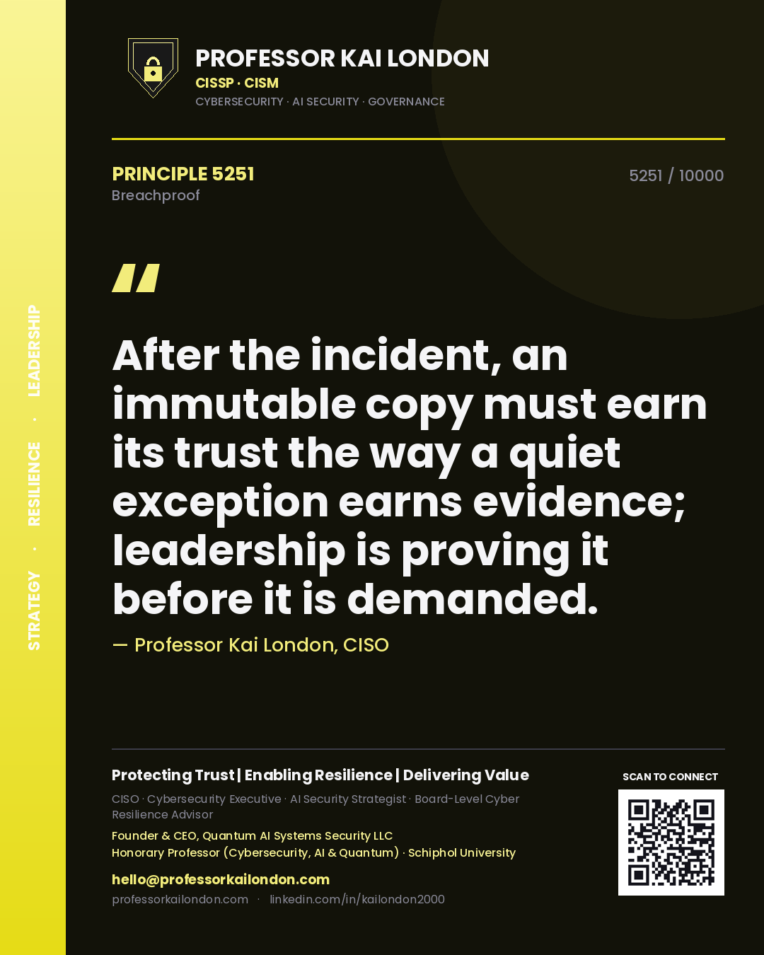 Professor Kai London principle 5251: After the incident, an immutable copy must earn its trust the way a quiet exception earns evidence; leadership is proving it before it is demanded.