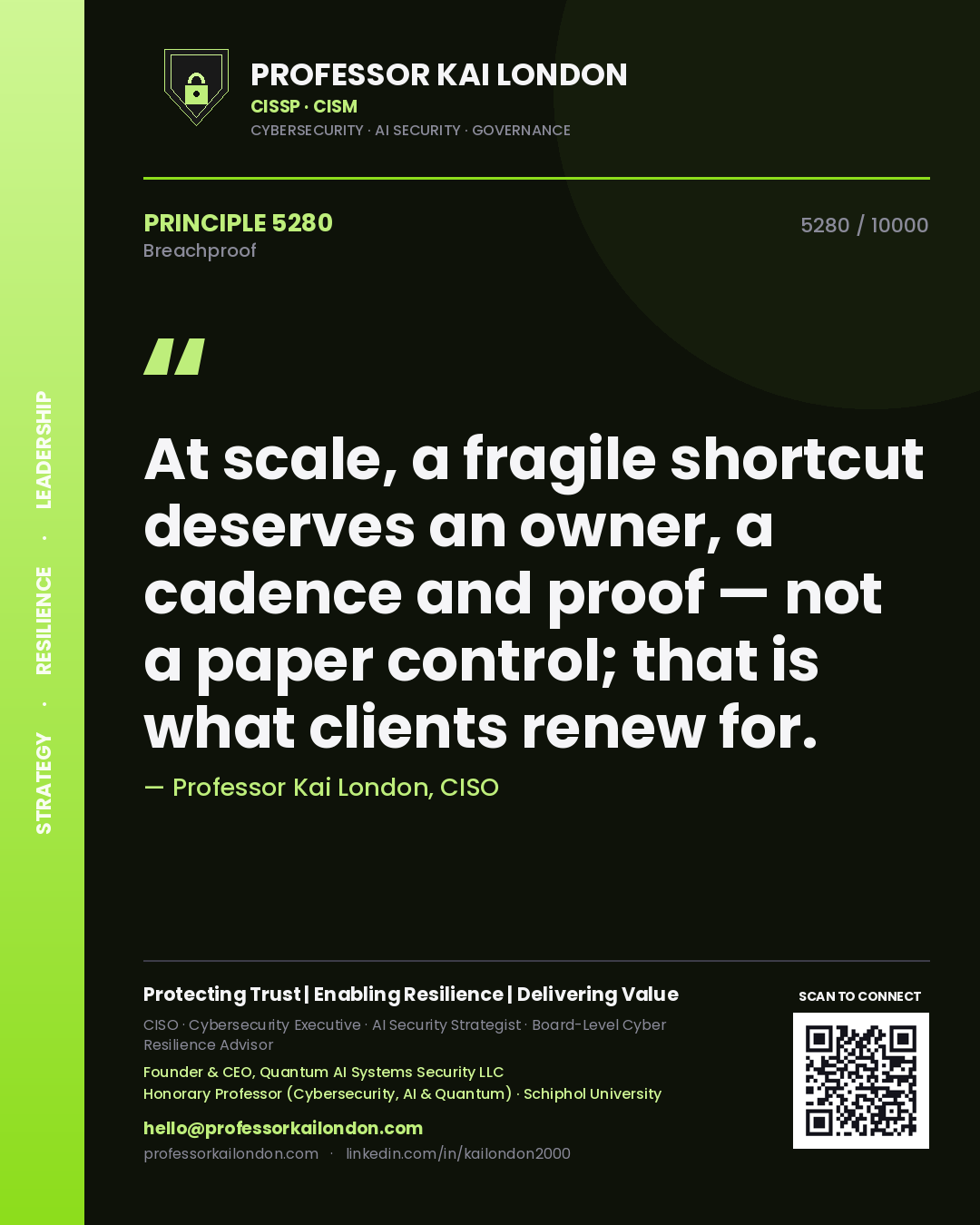 Professor Kai London principle 5280: At scale, a fragile shortcut deserves an owner, a cadence and proof — not a paper control; that is what clients renew for.