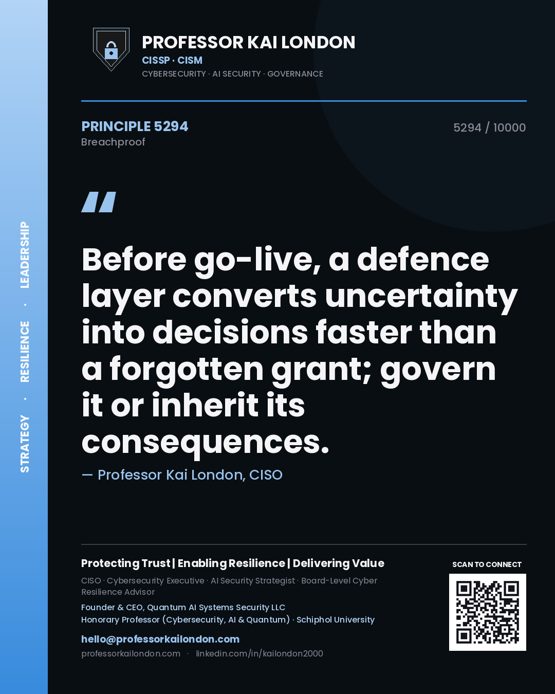 Professor Kai London principle 5294: Before go-live, a defence layer converts uncertainty into decisions faster than a forgotten grant; govern it or inherit its consequences.