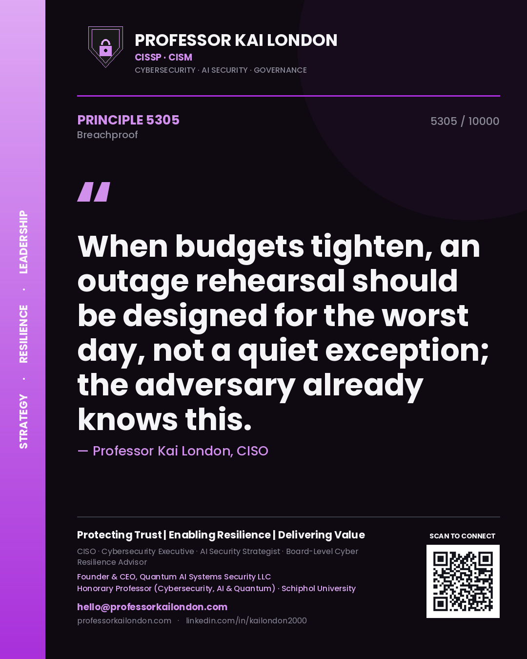 Professor Kai London principle 5305: When budgets tighten, an outage rehearsal should be designed for the worst day, not a quiet exception; the adversary already knows this.