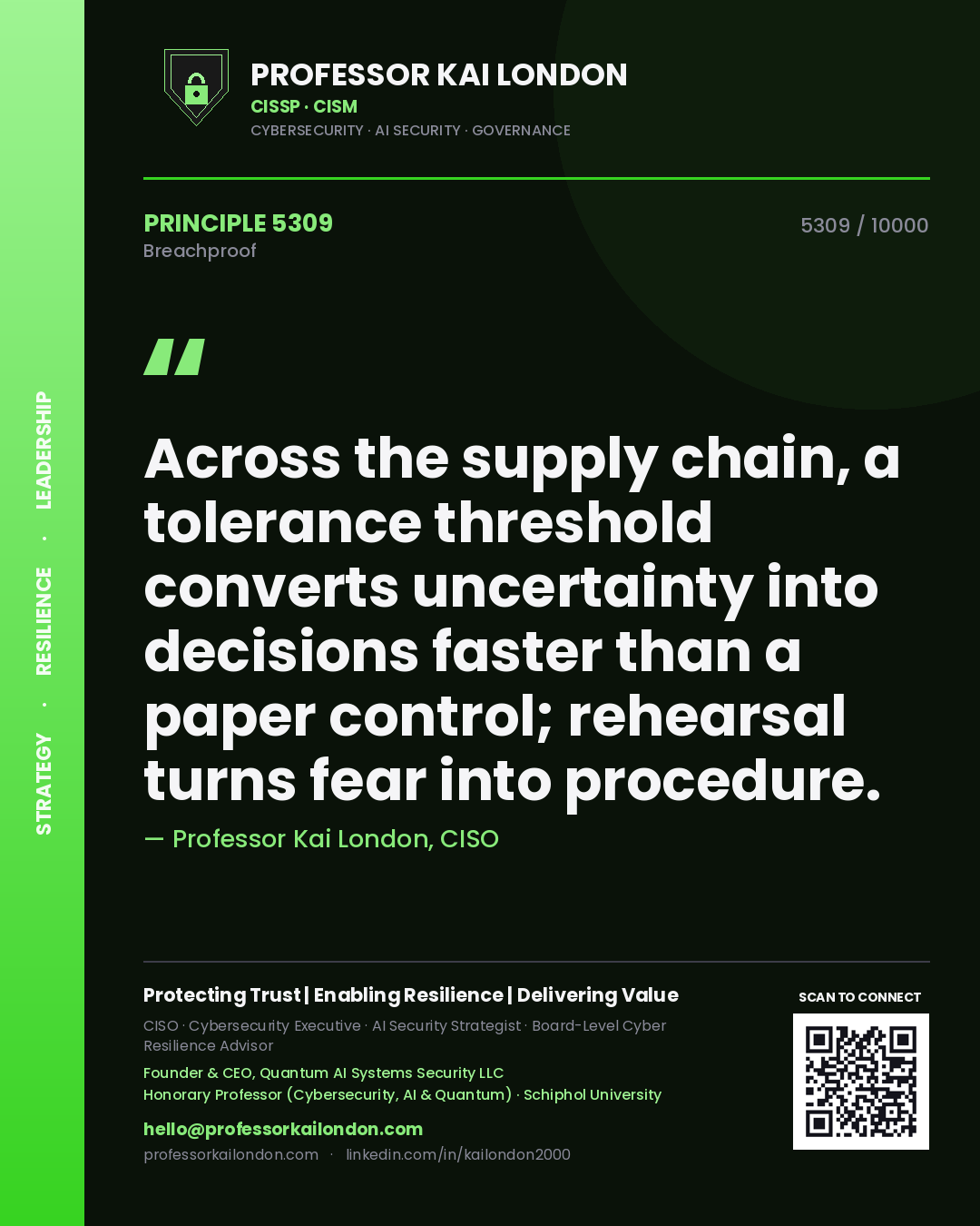 Professor Kai London principle 5309: Across the supply chain, a tolerance threshold converts uncertainty into decisions faster than a paper control; rehearsal turns fear into procedure.