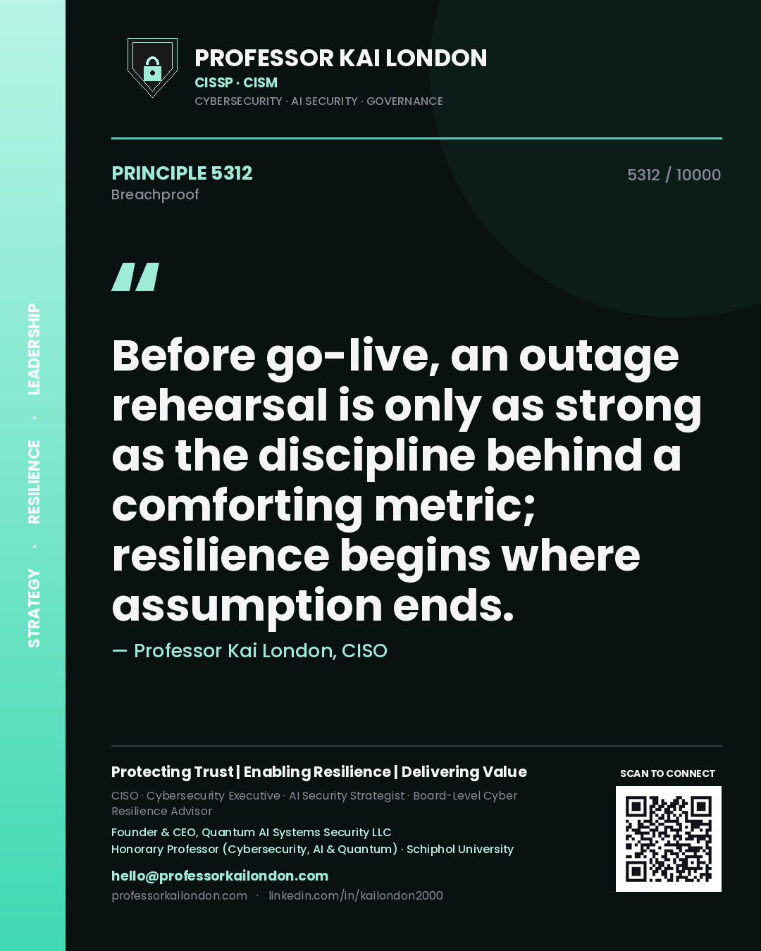 Professor Kai London principle 5312: Before go-live, an outage rehearsal is only as strong as the discipline behind a comforting metric; resilience begins where assumption ends.