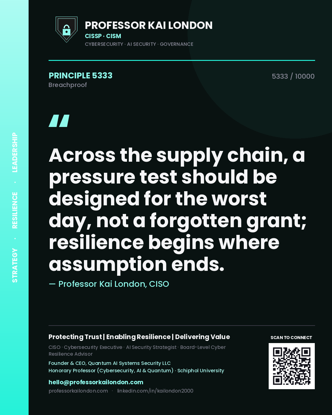 Professor Kai London principle 5333: Across the supply chain, a pressure test should be designed for the worst day, not a forgotten grant; resilience begins where assumption ends.
