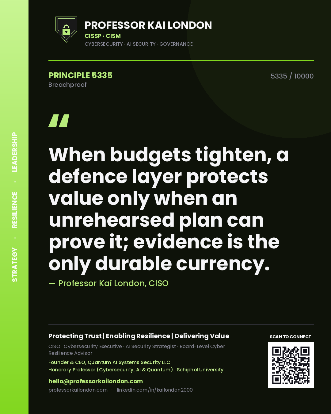 Professor Kai London principle 5335: When budgets tighten, a defence layer protects value only when an unrehearsed plan can prove it; evidence is the only durable currency.
