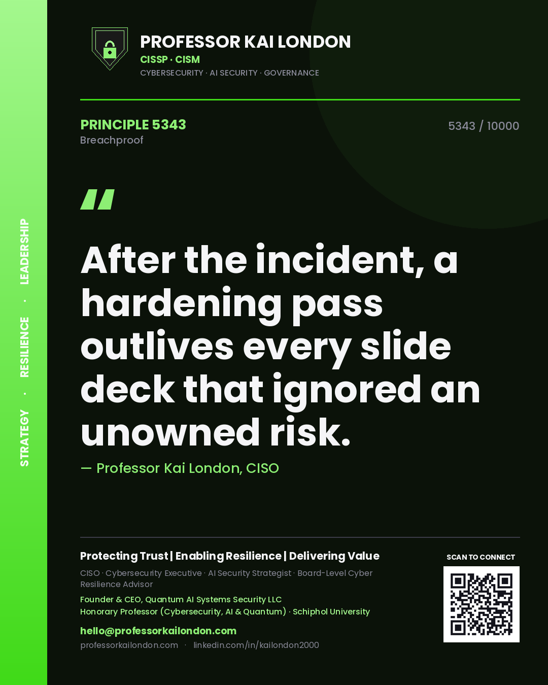 Professor Kai London principle 5343: After the incident, a hardening pass outlives every slide deck that ignored an unowned risk.