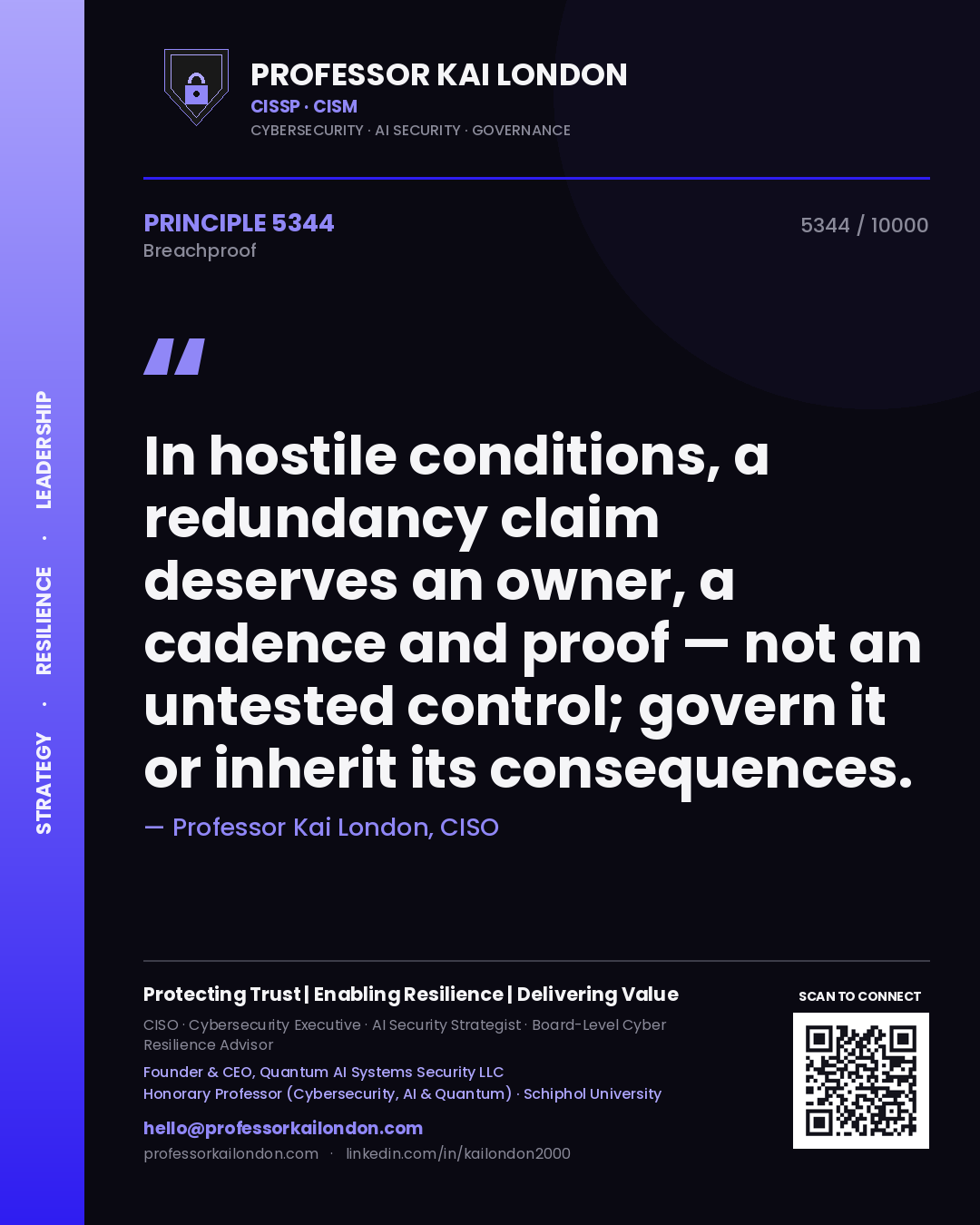 Professor Kai London principle 5344: In hostile conditions, a redundancy claim deserves an owner, a cadence and proof — not an untested control; govern it or inherit its consequences.