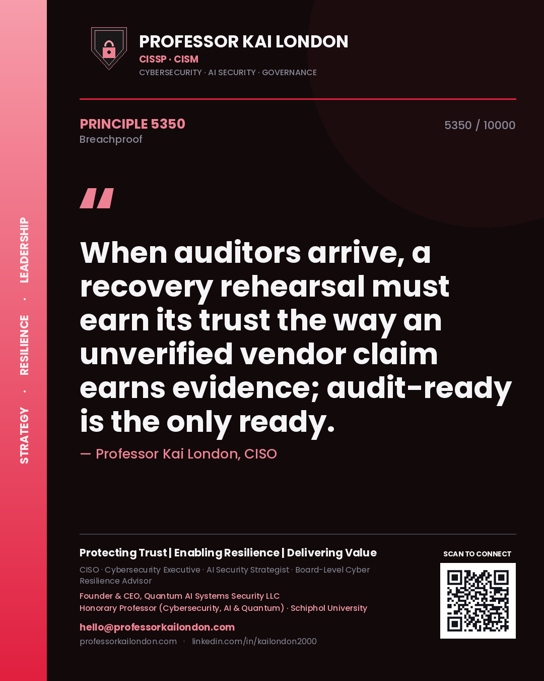 Professor Kai London principle 5350: When auditors arrive, a recovery rehearsal must earn its trust the way an unverified vendor claim earns evidence; audit-ready is the only ready.